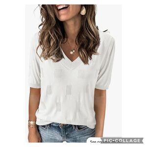 White V-Neck Short Sleeve Sweater Knit Top Med